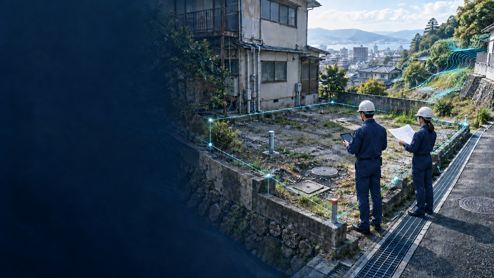 土地の境界、建物、配管、排水、地形を現地で確認するビジュアル